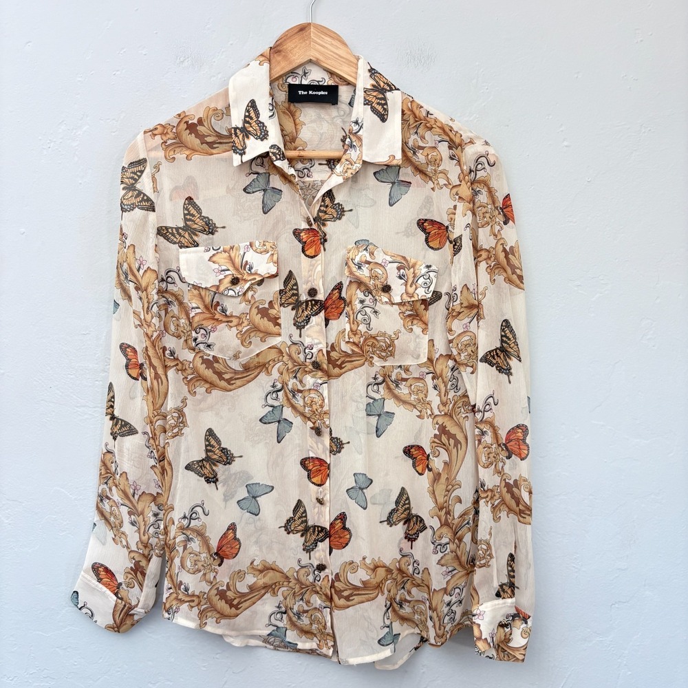 The Kooples Butterfly Silk Top Women Size Small Button Up Long Sleeve Sheer